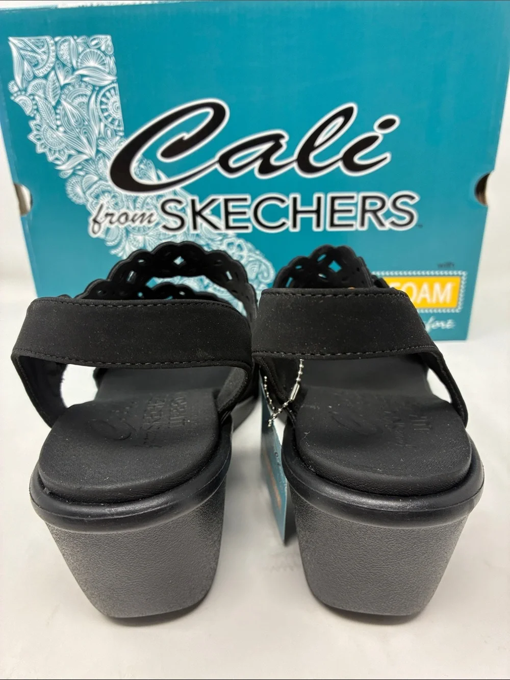 Skechers Black Cali Wedge Sandals with Decorative Laser-Cut Straps